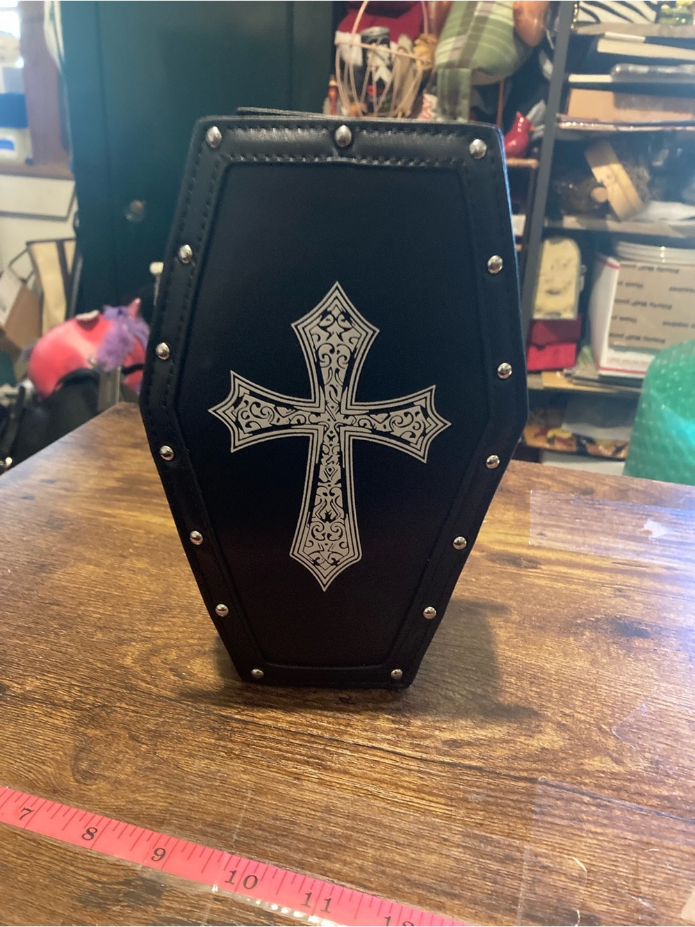 Black Coffin-Shaped Decorative crossbody Bag with Ornate Cross